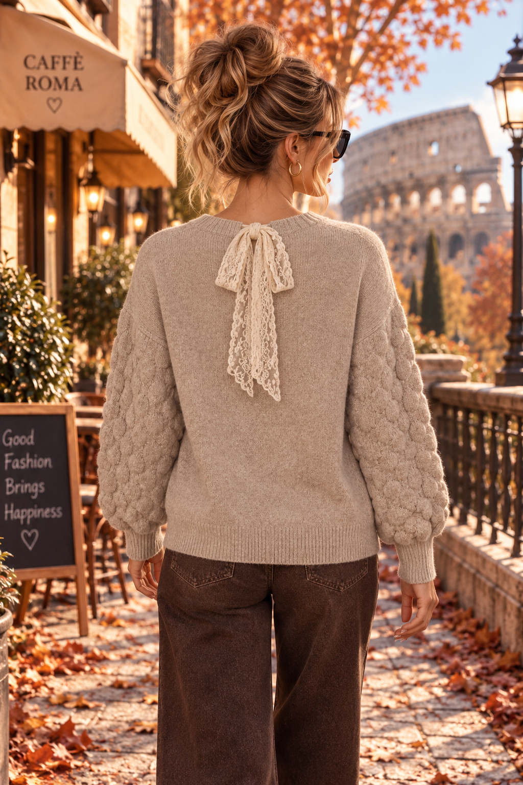 Susie Scalloped Balloon Sleeve with Lace Tie - Mocha