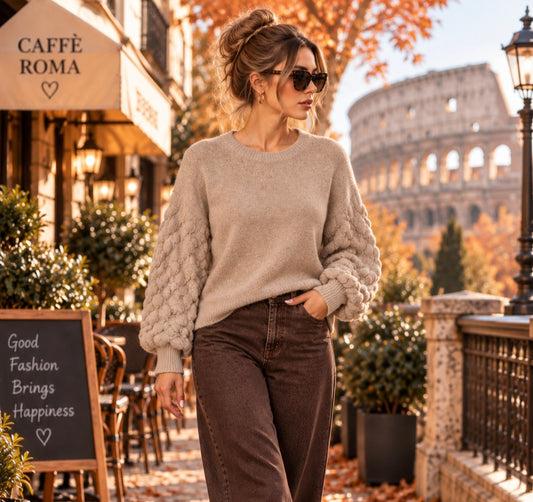 Susie Scalloped Balloon Sleeve with Lace Tie - Mocha