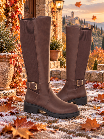 Sicily Knee High Boots with Stretchy Back Panel - Chocolate