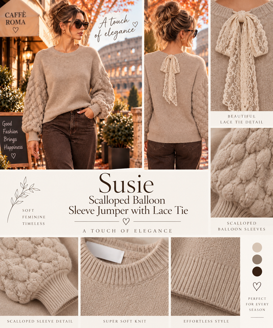 Susie Scalloped Balloon Sleeve with Lace Tie - Mocha