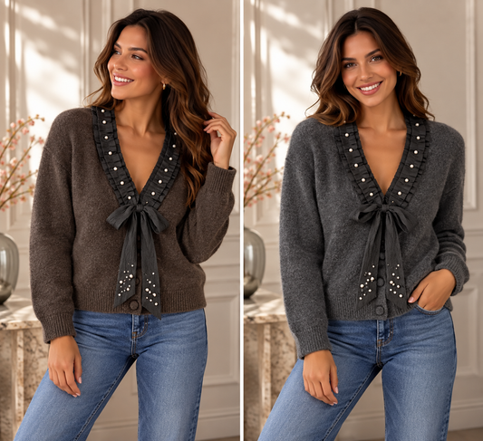 Christabelle Crystal & Pearl Tie Cardigan - (choose your Colour)