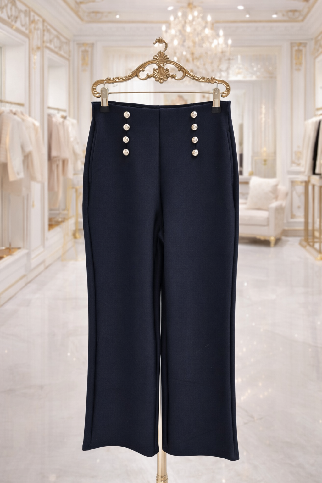 Sarah Silver Studded Trousers - French Navy (Luxe Scuba Fabric)