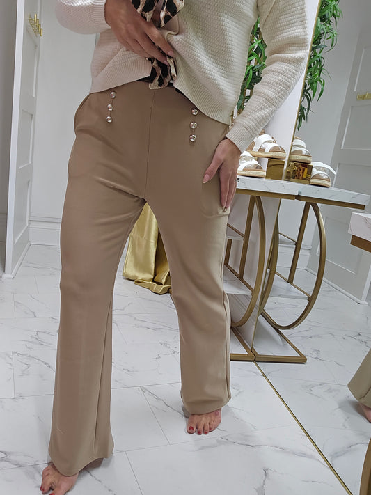Sarah Silver Studded Trousers - Beige (Luxe Scuba Fabric)