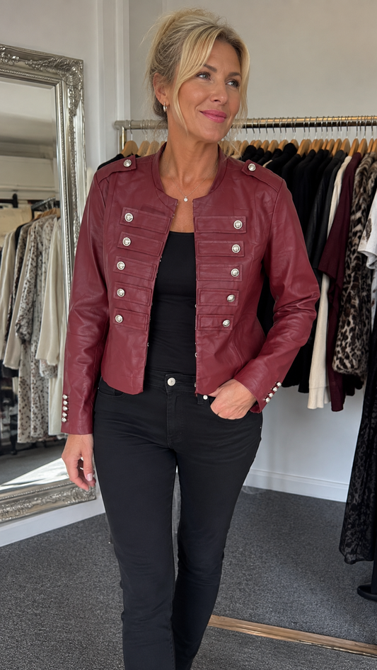 Milly Faux Leather Military Jacket - Wine
